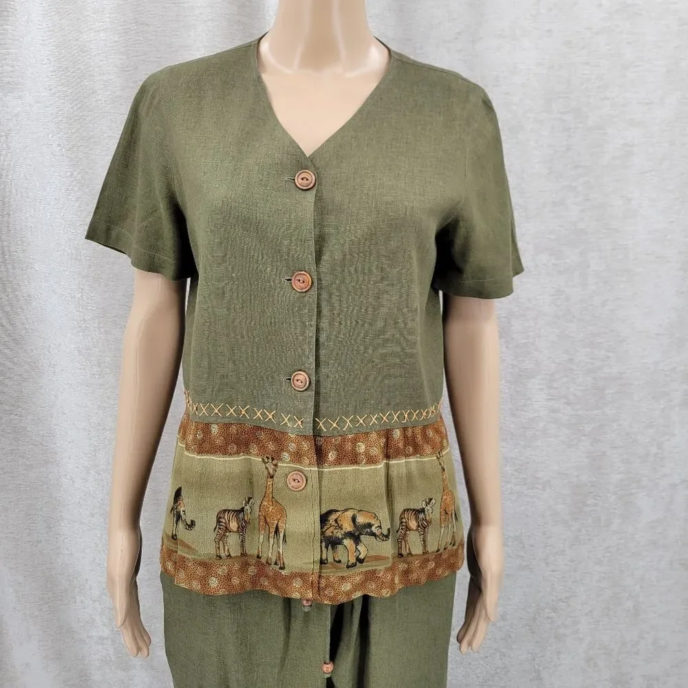 Stonebridge Vintage Green Linen Animal Print Safari Matching Set Blouse Trousers